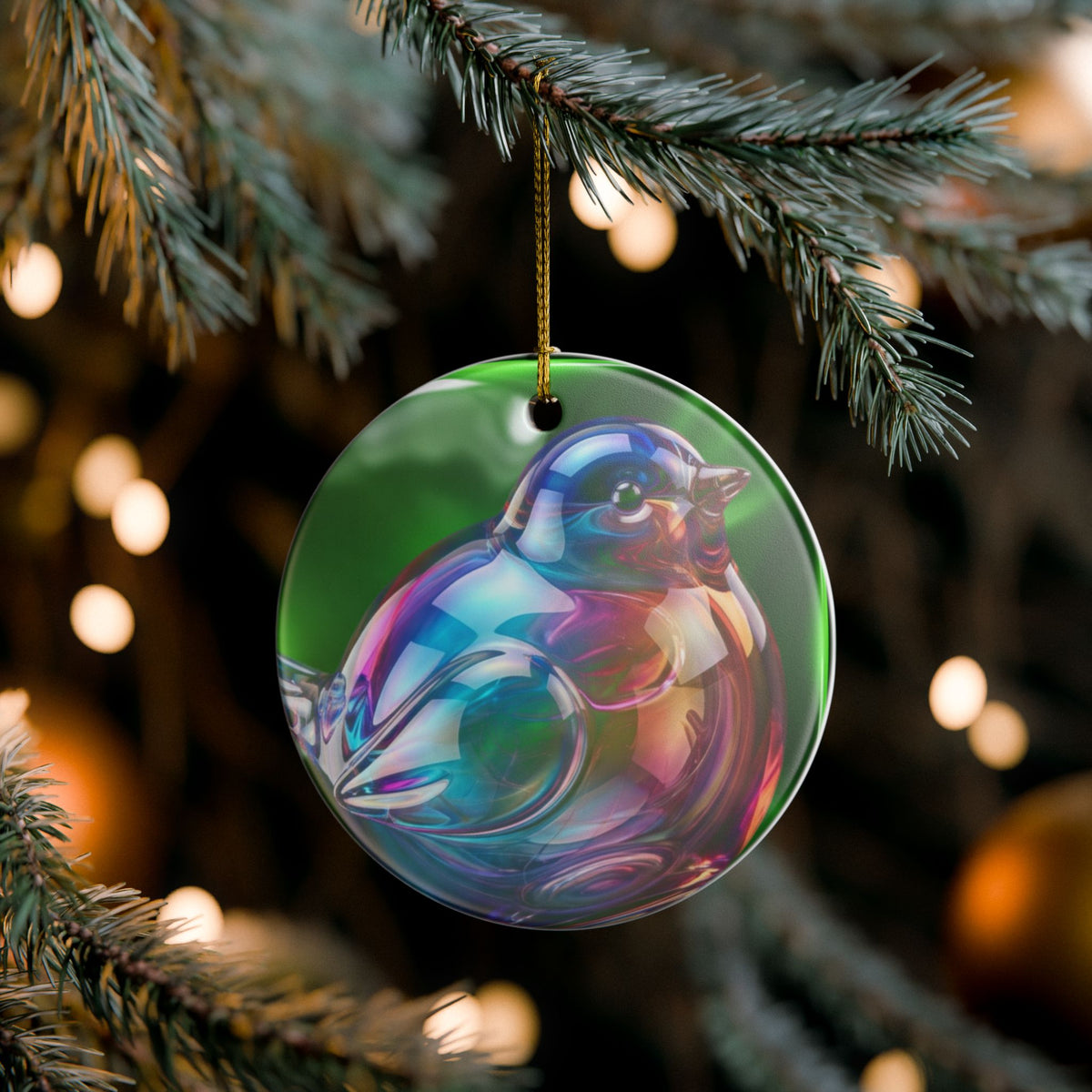 Heart Ornament with Iridescent Glass-Look Bird — Ceramic Holiday Decoration