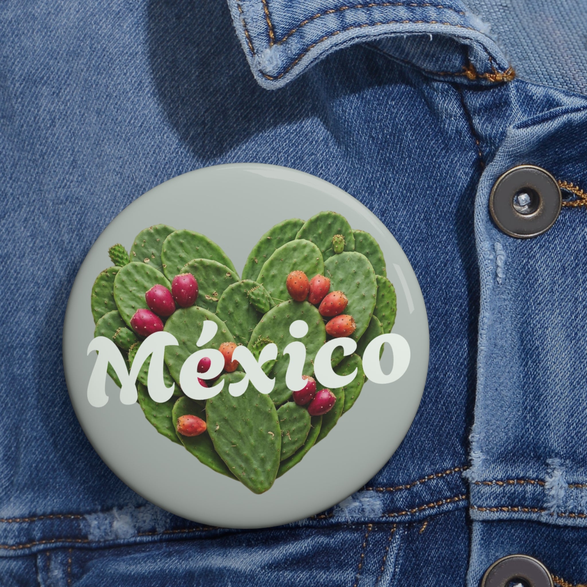 Mexico Cactus Heart Pin Button – Prickly Pear Love Badge