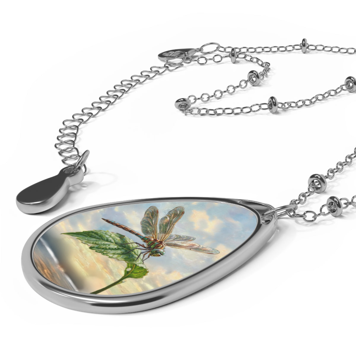 Dragonfly Oval Necklace Pendant — Nature-Inspired Silver Teardrop Jewelry