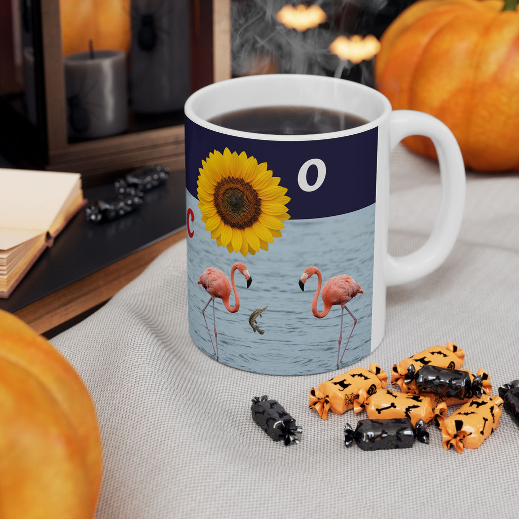 Flamingo & Sunflower Ceramic Mug (11oz, 15oz) - Tropical Bird Coffee Cup