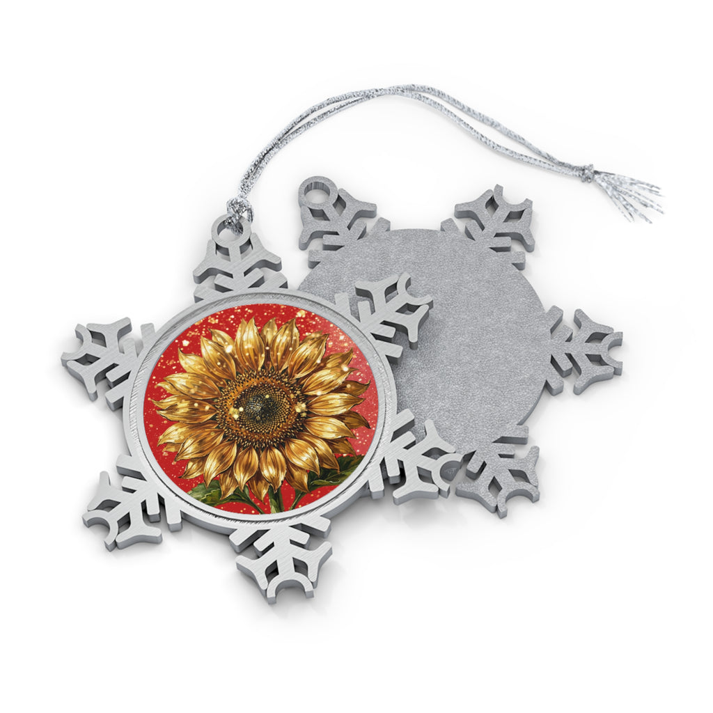 Pewter Snowflake Ornament with Sunflower Medallion – Holiday Christmas Tree Decoration