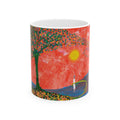 Artistic Sunset Ceramic Mug — Red Landscape with Tree & Lone Figure (11oz/15oz)