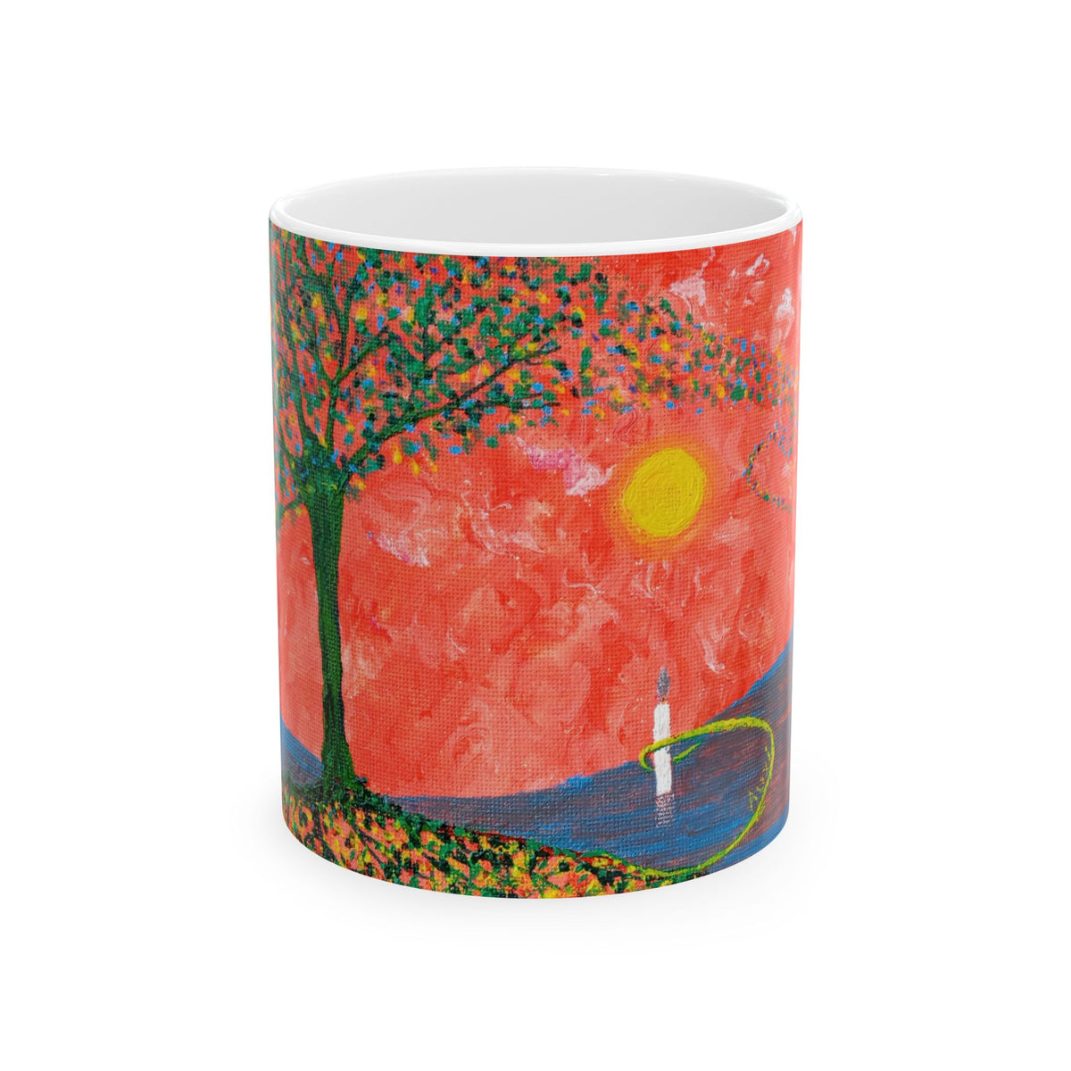 Artistic Sunset Ceramic Mug — Red Landscape with Tree & Lone Figure (11oz/15oz)