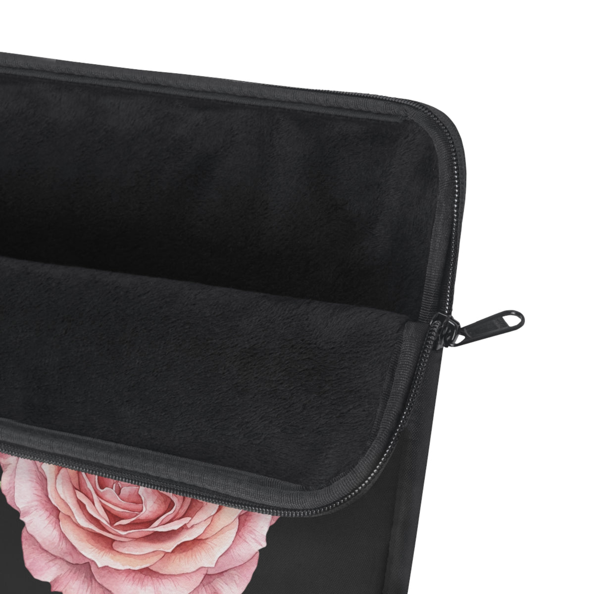 Floral Rose Trio Laptop Sleeve — Pink Peony Flowers with Ladybug on Black