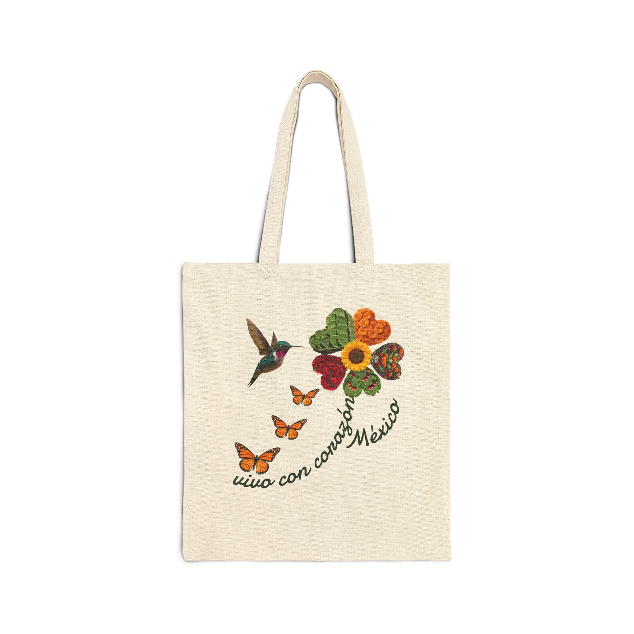 Floral Hummingbird Tote — "vivo con corazón México" Cotton Canvas Bag