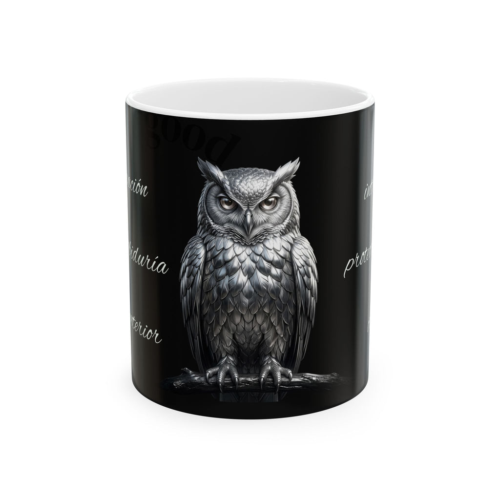 Owl Ceramic Mug — Gothic Black Coffee Cup with Detailed Owl Illustration
