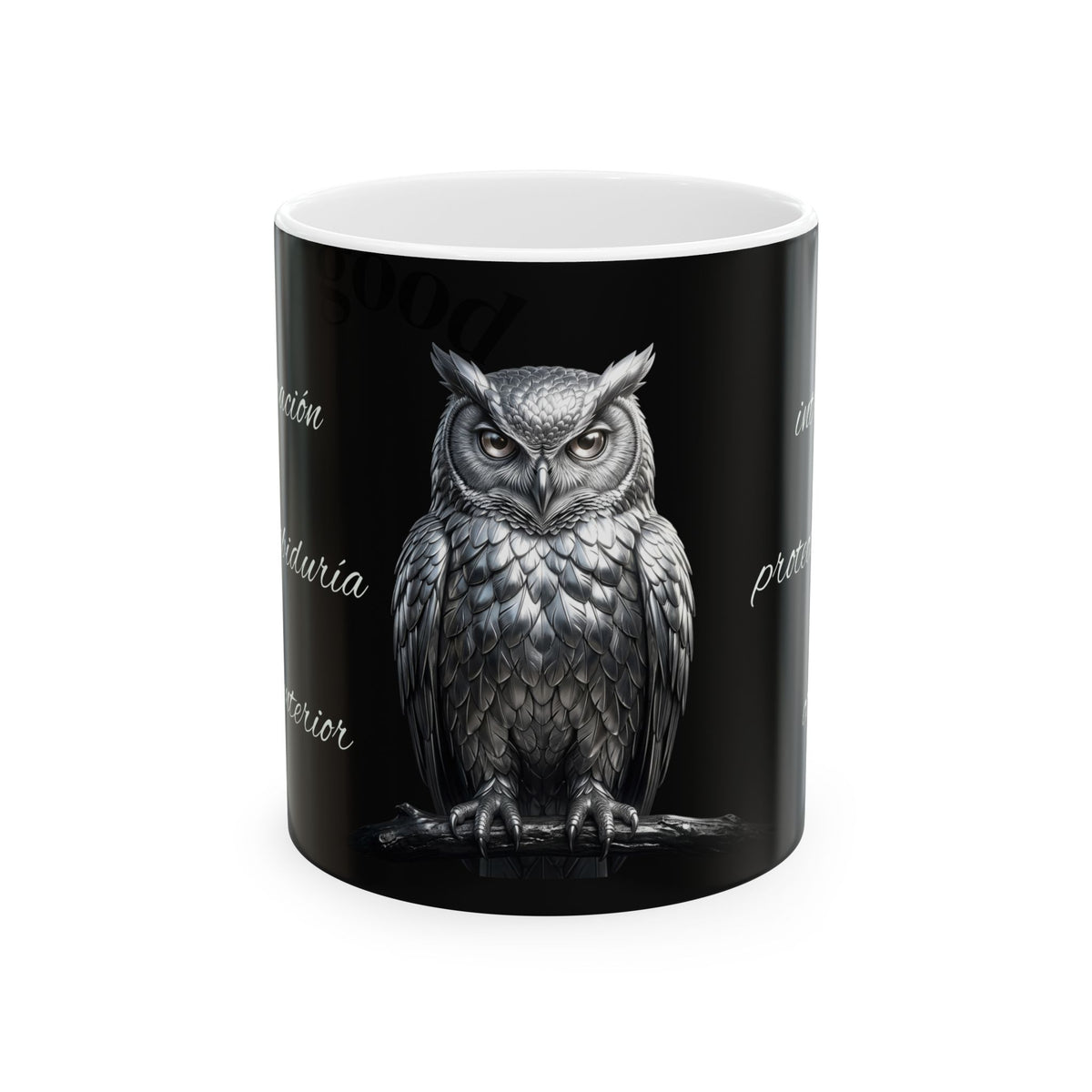 Owl Ceramic Mug — Gothic Black Coffee Cup with Detailed Owl Illustration