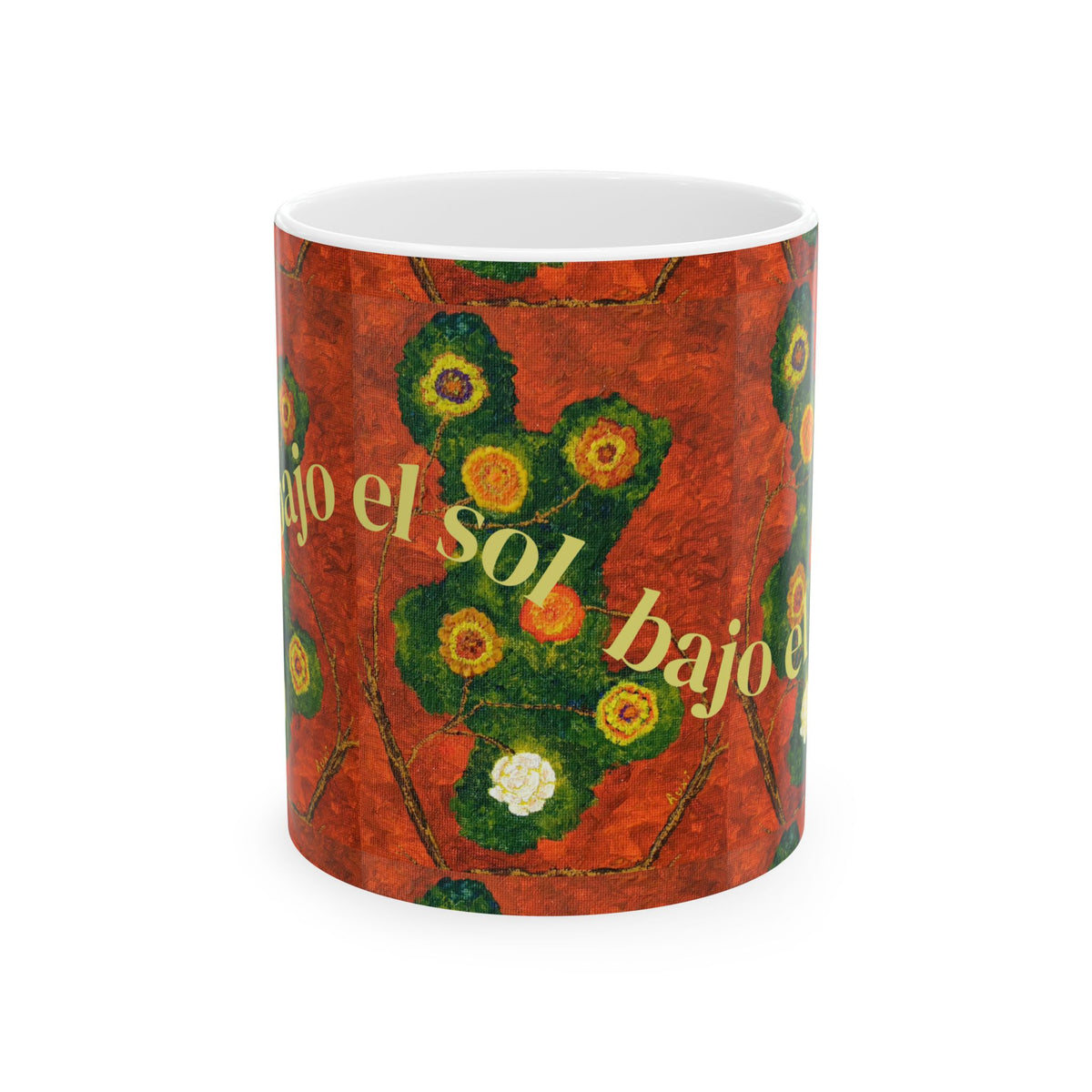 Spanish Floral Art Ceramic Mug – “bajo el sol” Red Cactus Design (11oz/15oz)