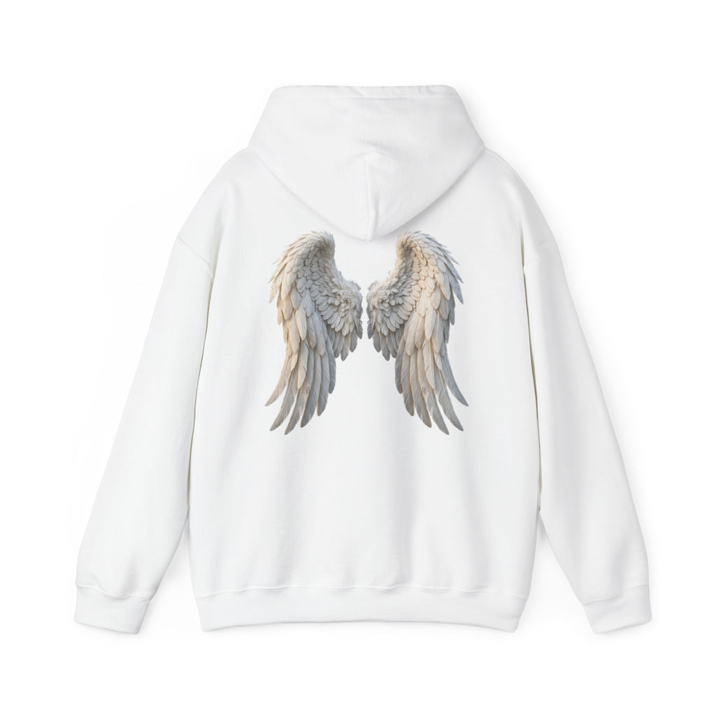 Angel Wings Hoodie — Soft White Back Graphic, Spiritual & Memorial Gift
