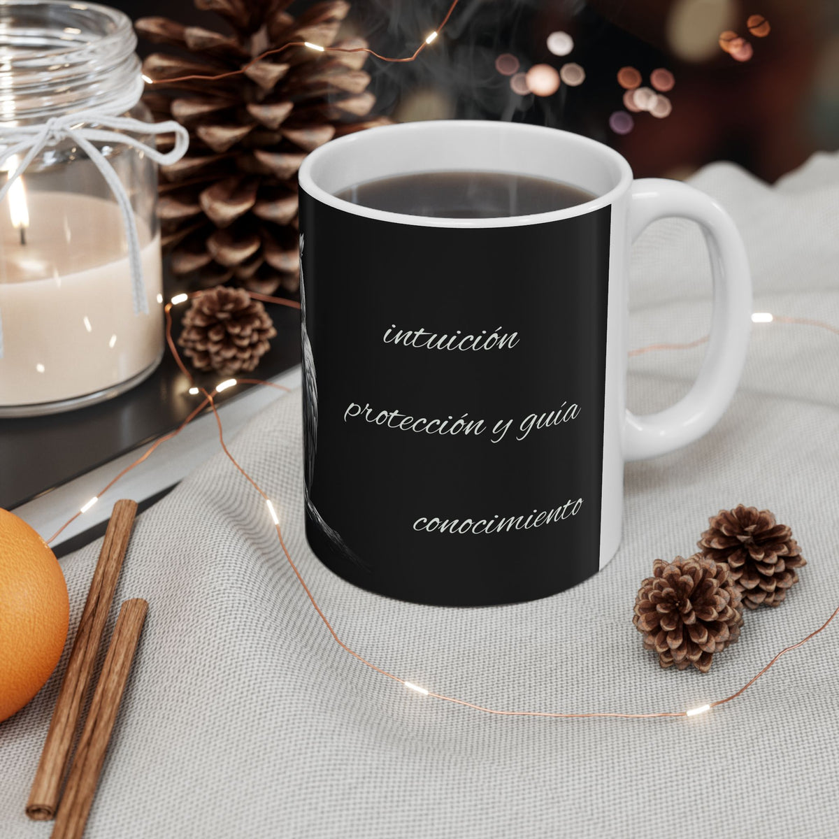 Owl Ceramic Mug — Gothic Black Coffee Cup with Detailed Owl Illustration