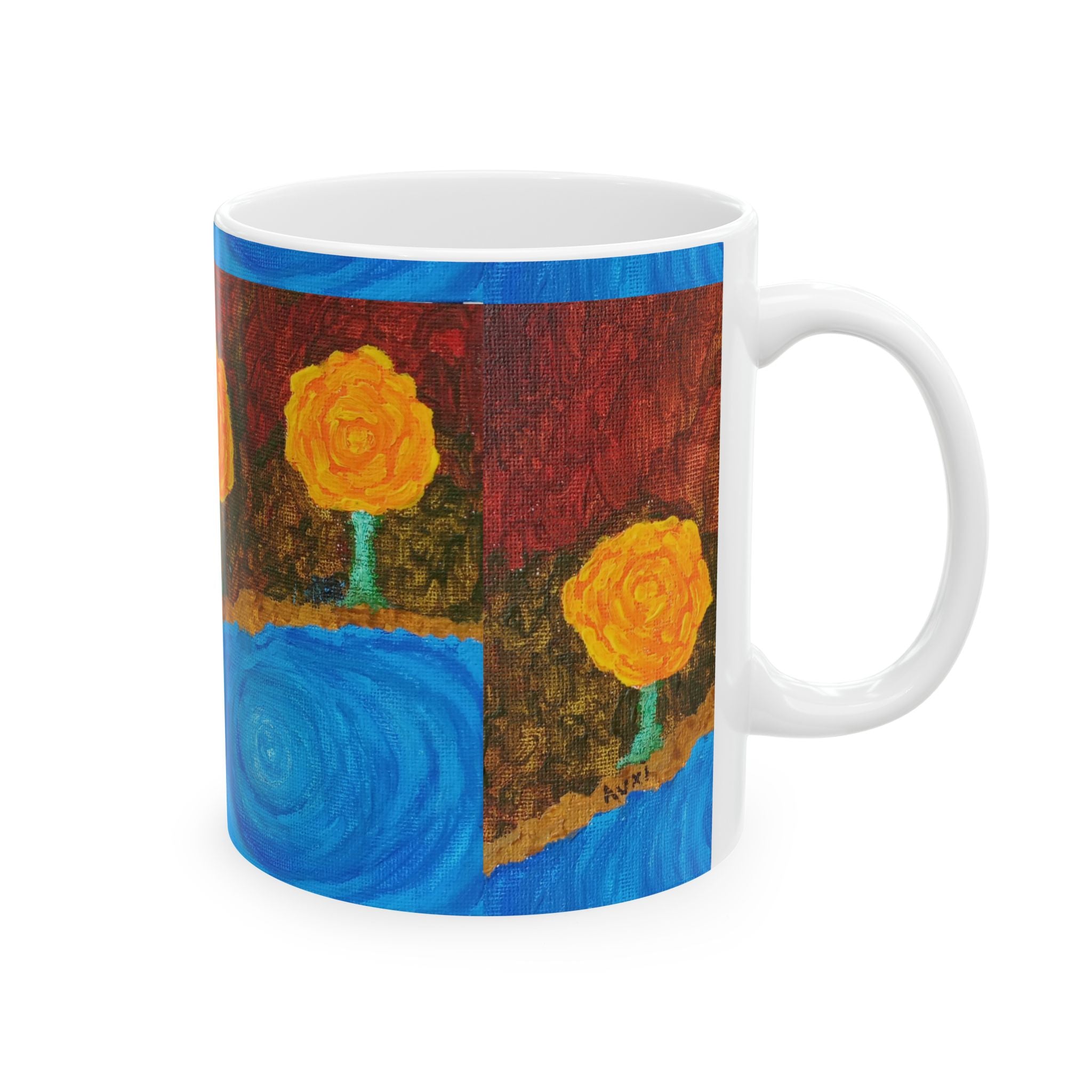 Yellow Rose Floral Mug — Artistic River Landscape Ceramic Coffee Cup (11oz, 15oz)