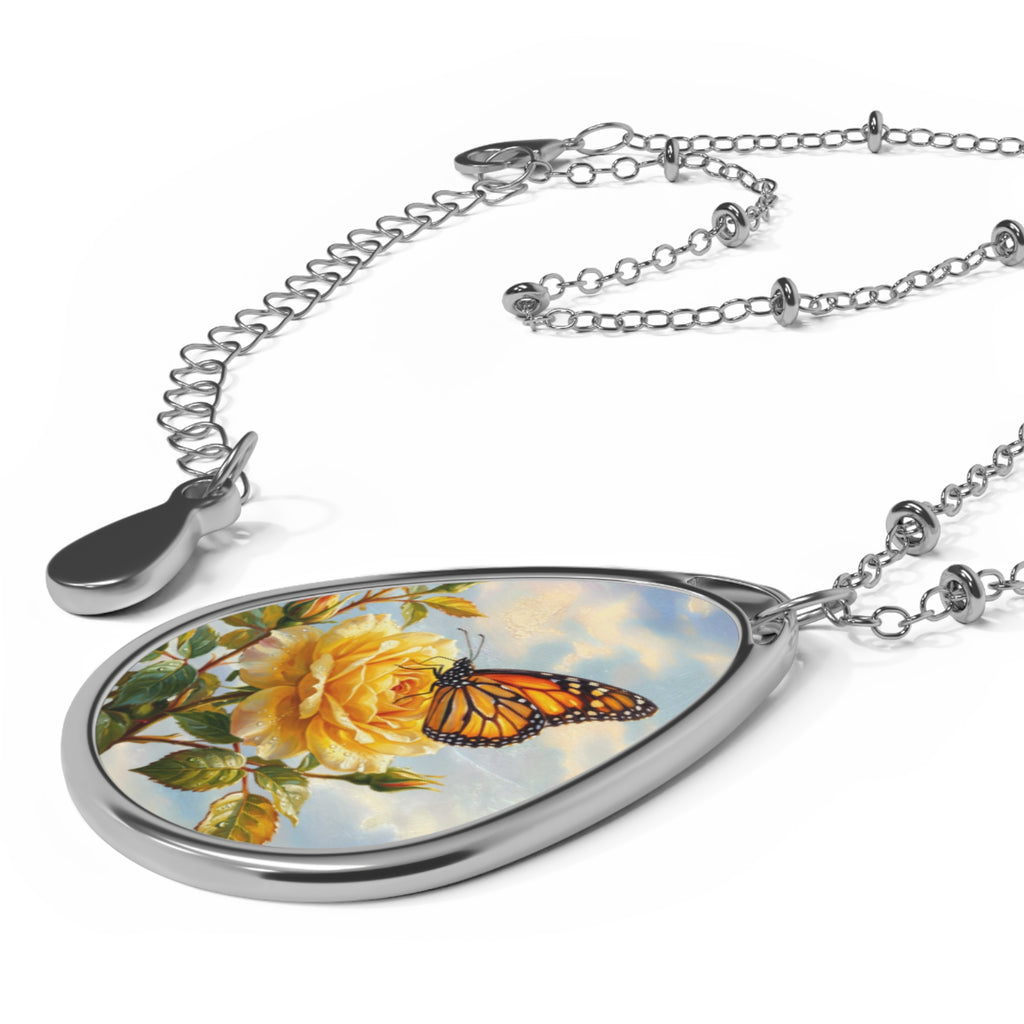 Oval Necklace - Butterfly & Yellow Rose Teardrop Pendant