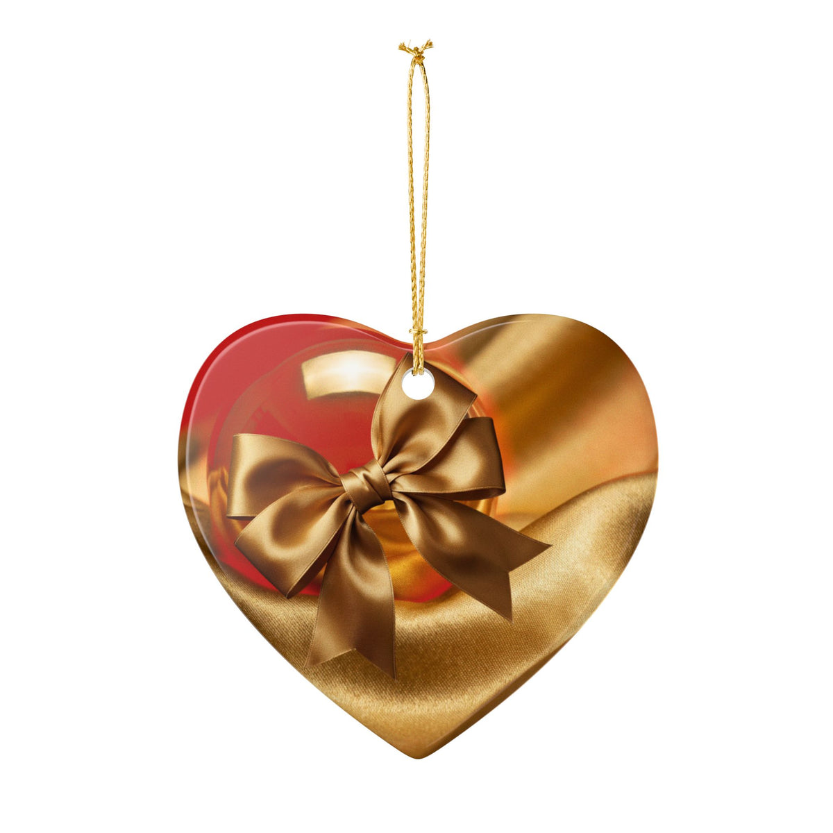 Gold Bow Heart Ceramic Ornament —