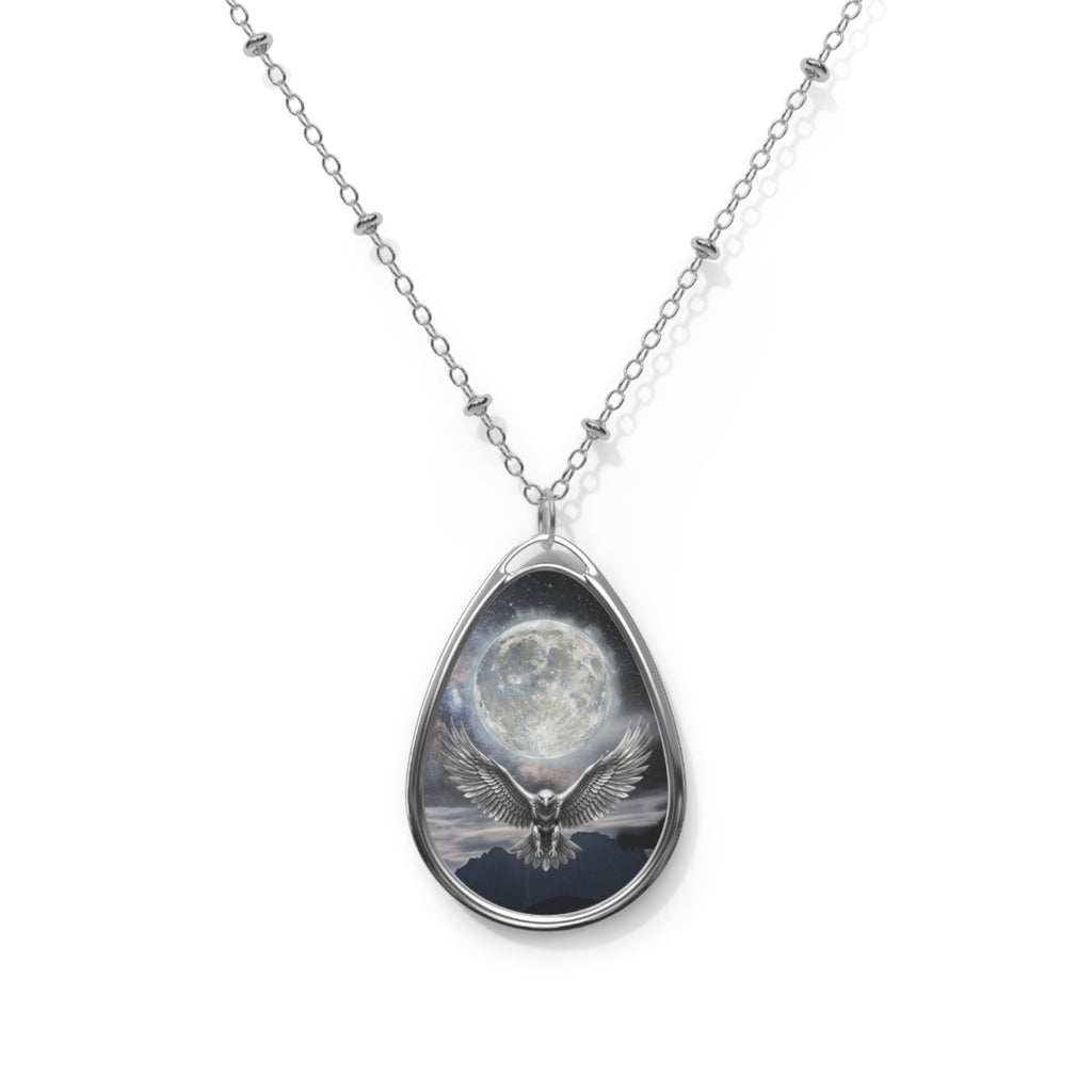 Moon Owl Oval Necklace - Silver Teardrop Pendant with Full Moon Design