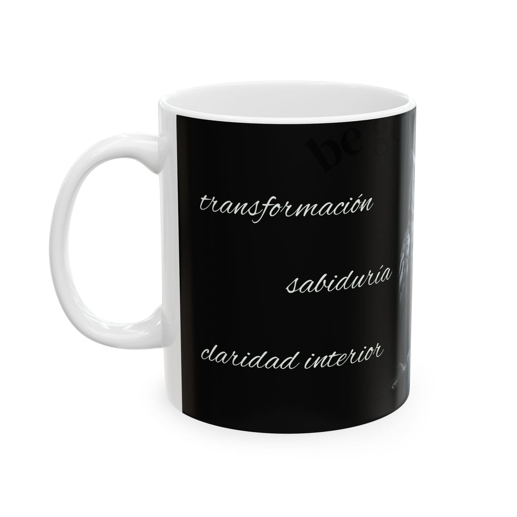 Owl Ceramic Mug — Gothic Black Coffee Cup with Detailed Owl Illustration
