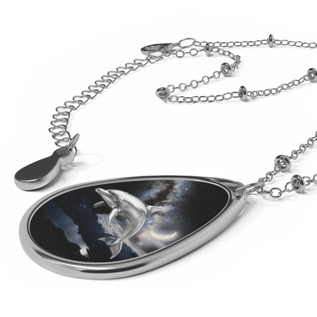 Dolphin Moon Oval Pendant Necklace