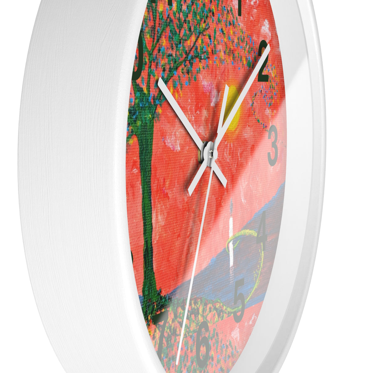 Sunset Reflection Wall Clock — Colorful Tree Lake Art Clock
