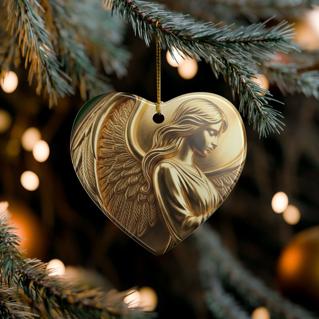 Golden Angel Heart Ceramic Ornament — Memorial & Religious Decoration
