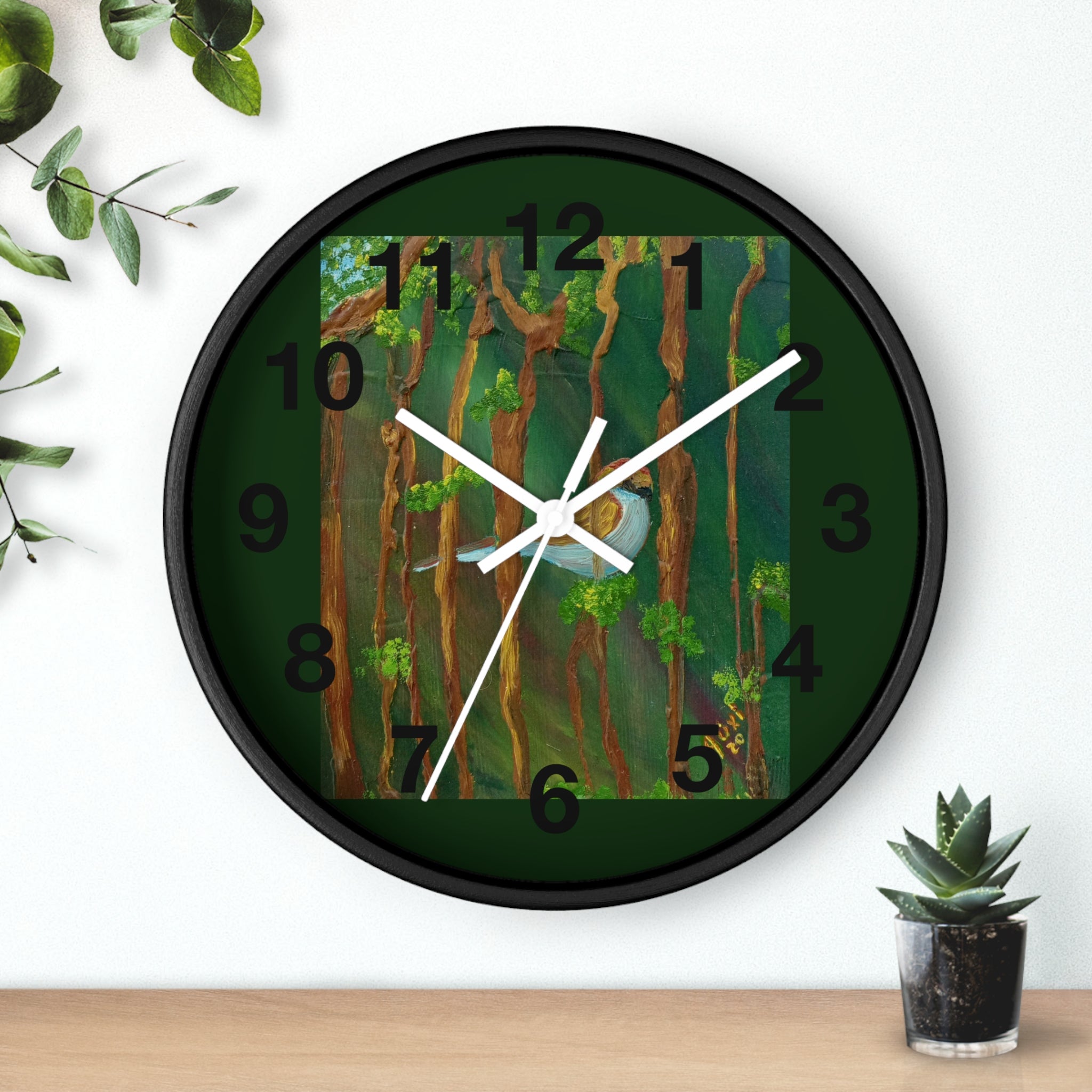 Forest Bird Wall Clock — Nature-Inspired Pine Tree Timepiece with Blue Jay Artwork