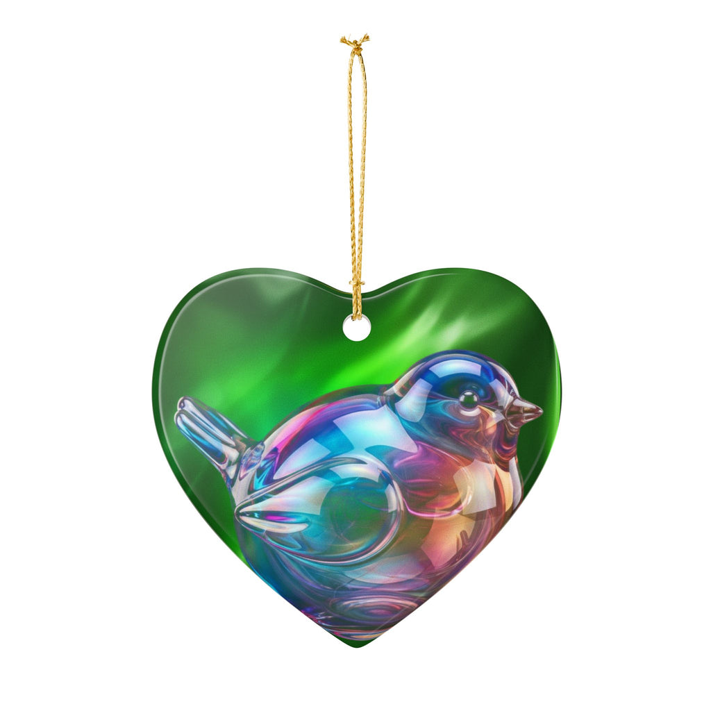 Heart Ornament with Iridescent Glass-Look Bird — Ceramic Holiday Decoration