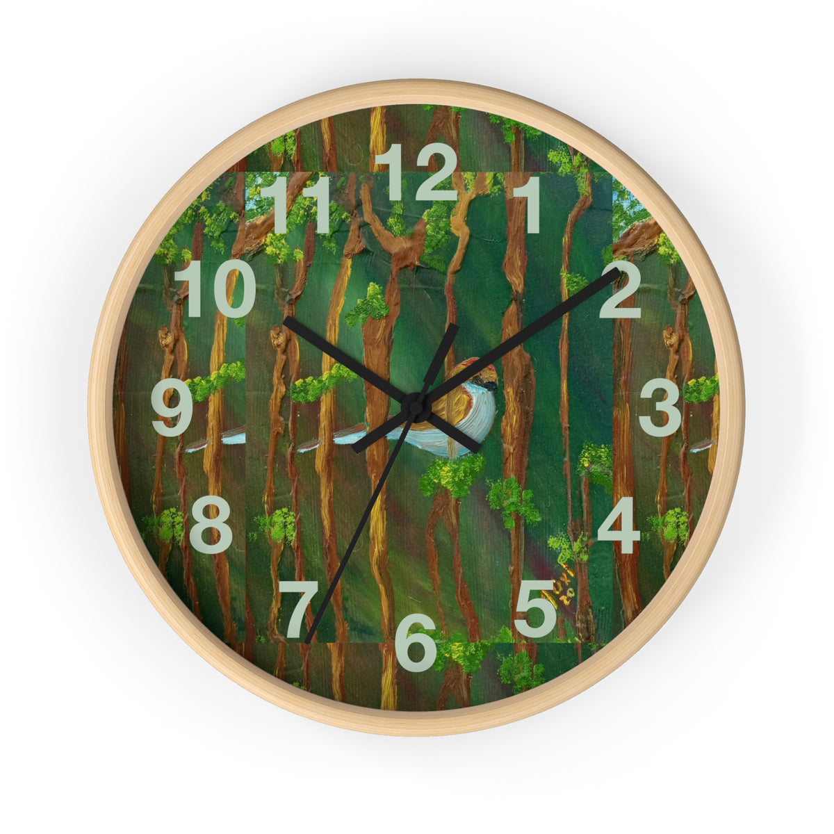 Forest Bird Wall Clock — Nature-Inspired Pine Tree Timepiece with Blue Jay Artwork