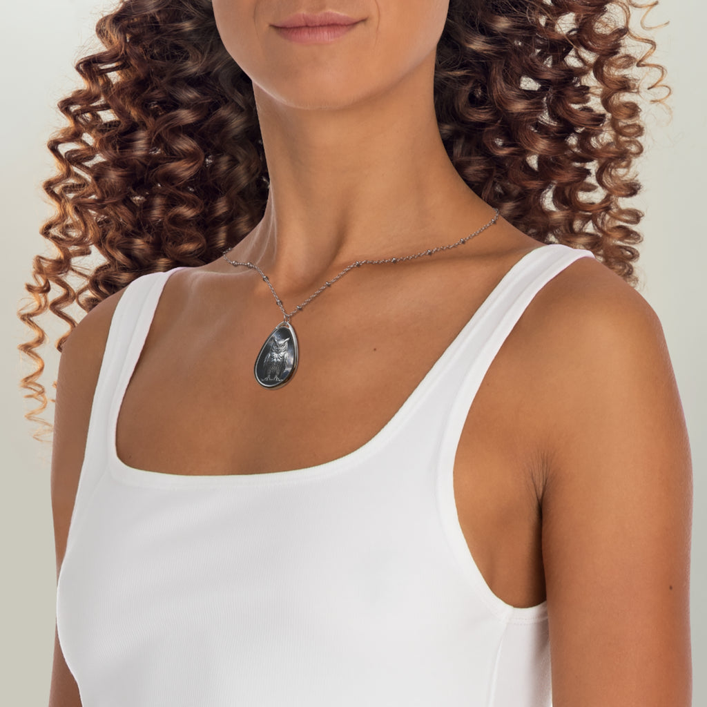 Owl Oval Pendant Necklace – Gothic Moonlit Owl Teardrop Jewelry