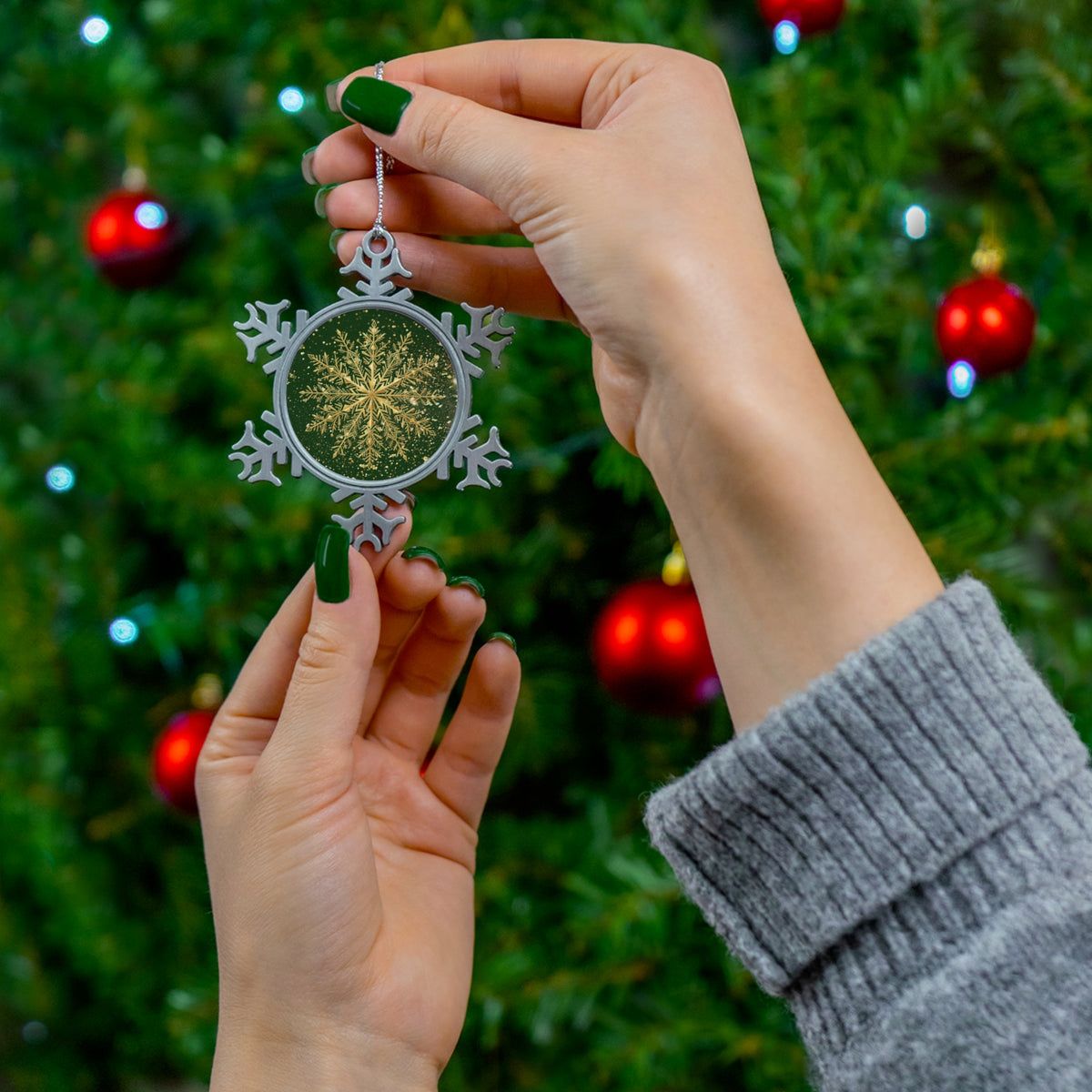 Pewter Snowflake Ornament - Green Gold Snowflake Holiday Tree Decoration