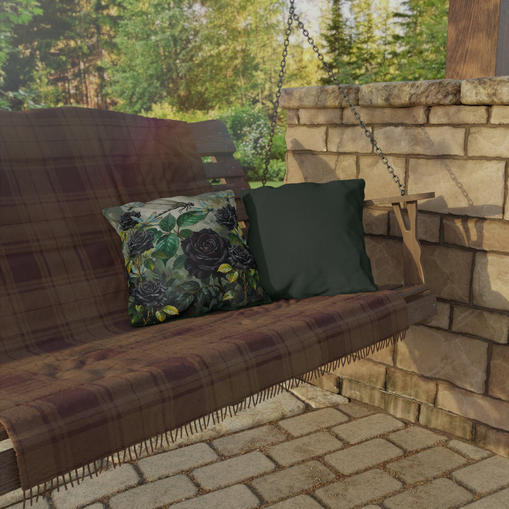 Purple Rose & Dragonfly Outdoor Pillow — Gothic Floral Patio Cushion