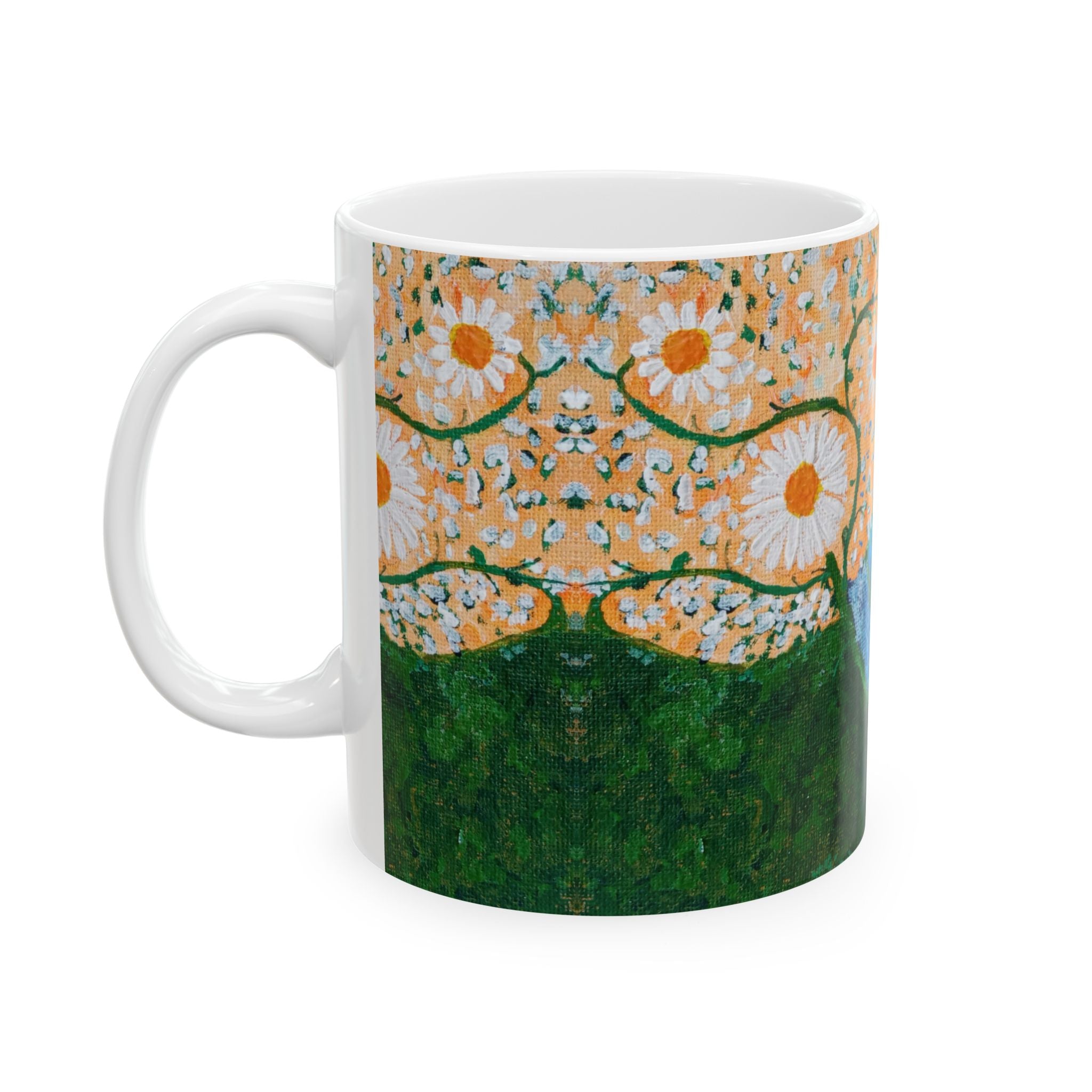 Floral Dreamscape Ceramic Mug — Blue Dandelion Art (11oz/15oz)