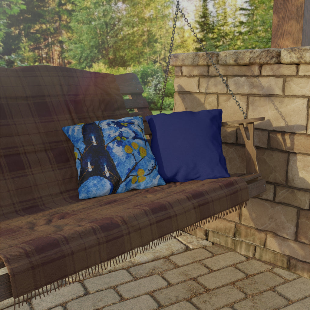 Cojín para exterior. Blue Floral Outdoor Pillow — Hand-Painted Branch & Yellow Blooms Patio Cushion