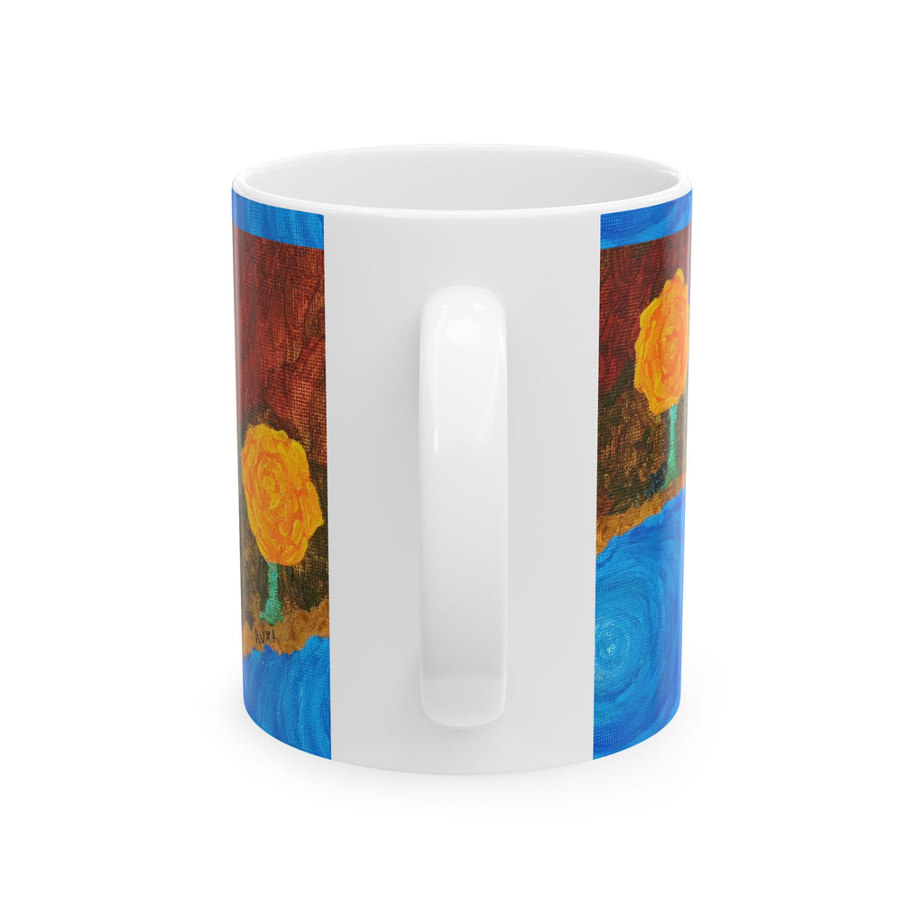 Yellow Rose Floral Mug — Artistic River Landscape Ceramic Coffee Cup (11oz, 15oz)