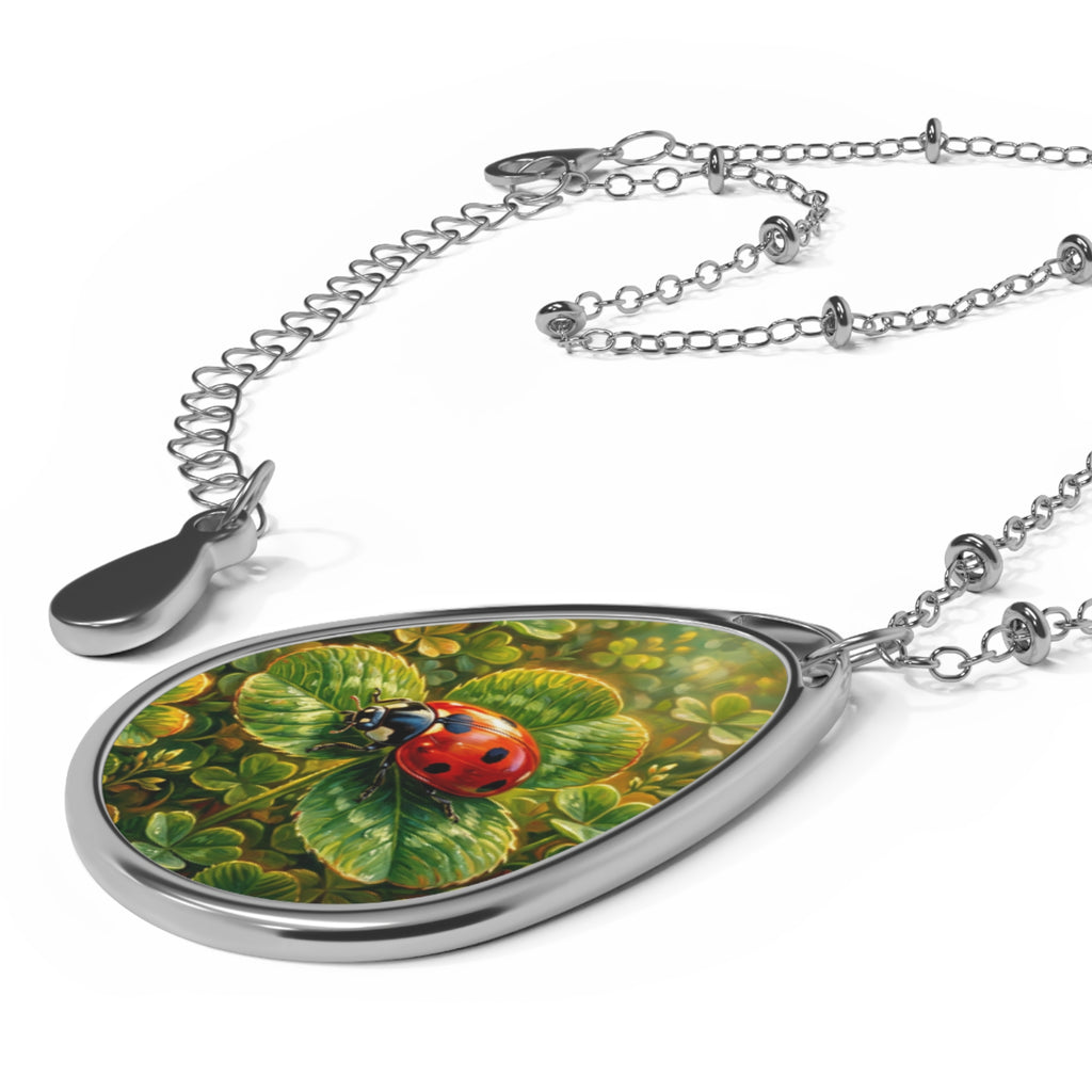 Ladybug Clover Oval Necklace — Silver Teardrop Pendant with Lucky Ladybug Art