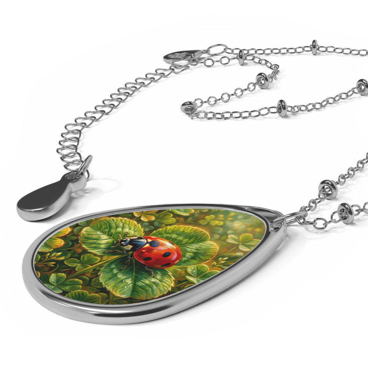 Ladybug Clover Oval Necklace — Silver Teardrop Pendant with Lucky Ladybug Art