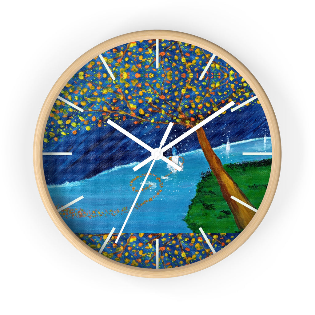 Coastal Tree Nightscape Wall Clock — Colorful Seaside Landscape Timepiece