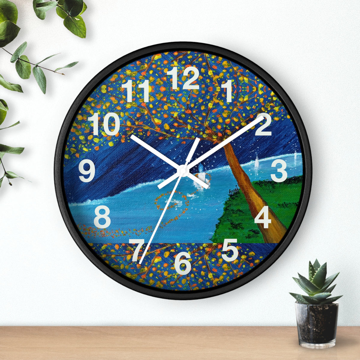 Coastal Tree Nightscape Wall Clock — Colorful Seaside Landscape Timepiece