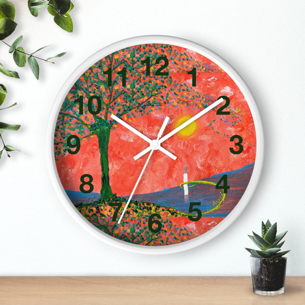 Sunset Reflection Wall Clock — Colorful Tree Lake Art Clock