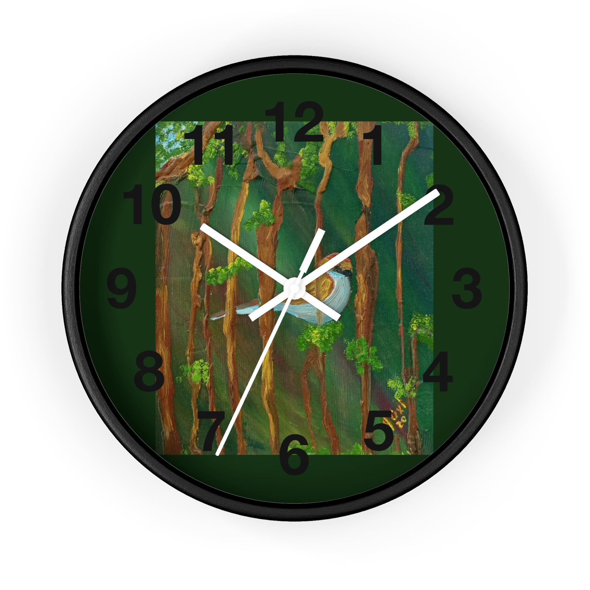 Forest Bird Wall Clock — Nature-Inspired Pine Tree Timepiece with Blue Jay Artwork