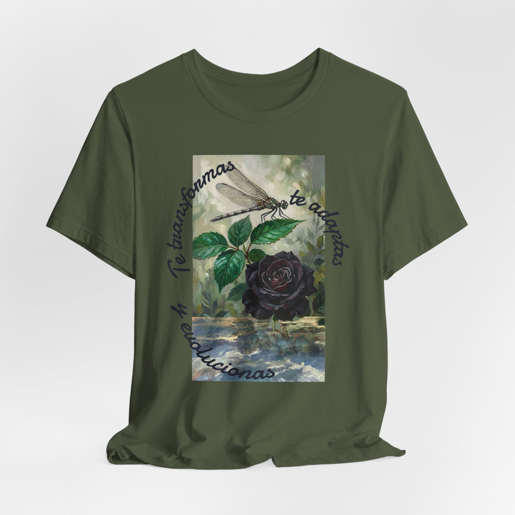 T‑Shirt — Vintage Botanical Dragonfly with Spanish Quote (“Te transformarás, te despertarás y evolucionas”)