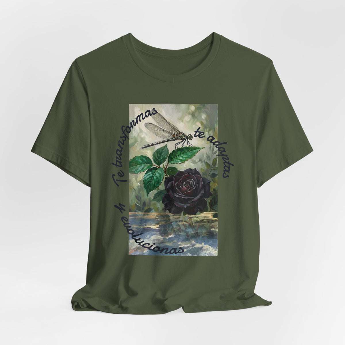 T‑Shirt — Vintage Botanical Dragonfly with Spanish Quote (“Te transformarás, te despertarás y evolucionas”)