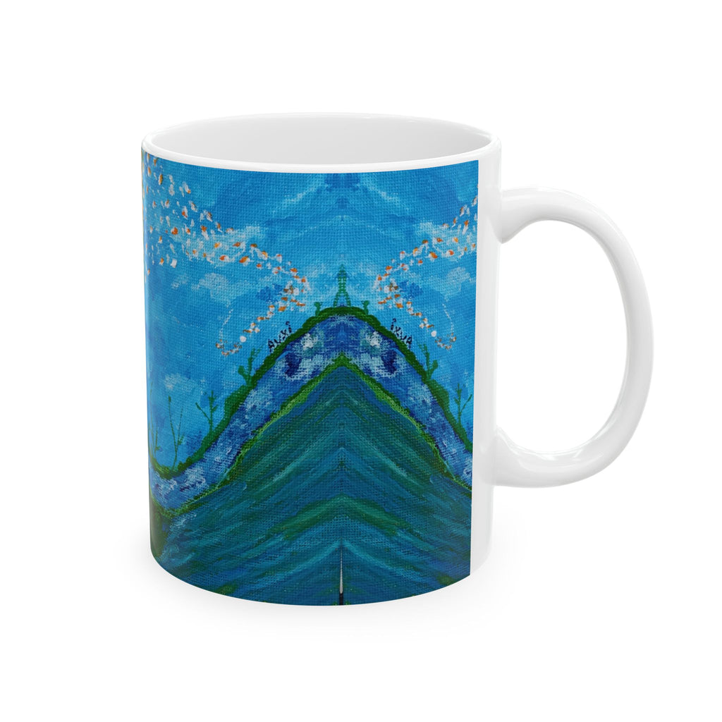 Floral Dreamscape Ceramic Mug — Blue Dandelion Art (11oz/15oz)