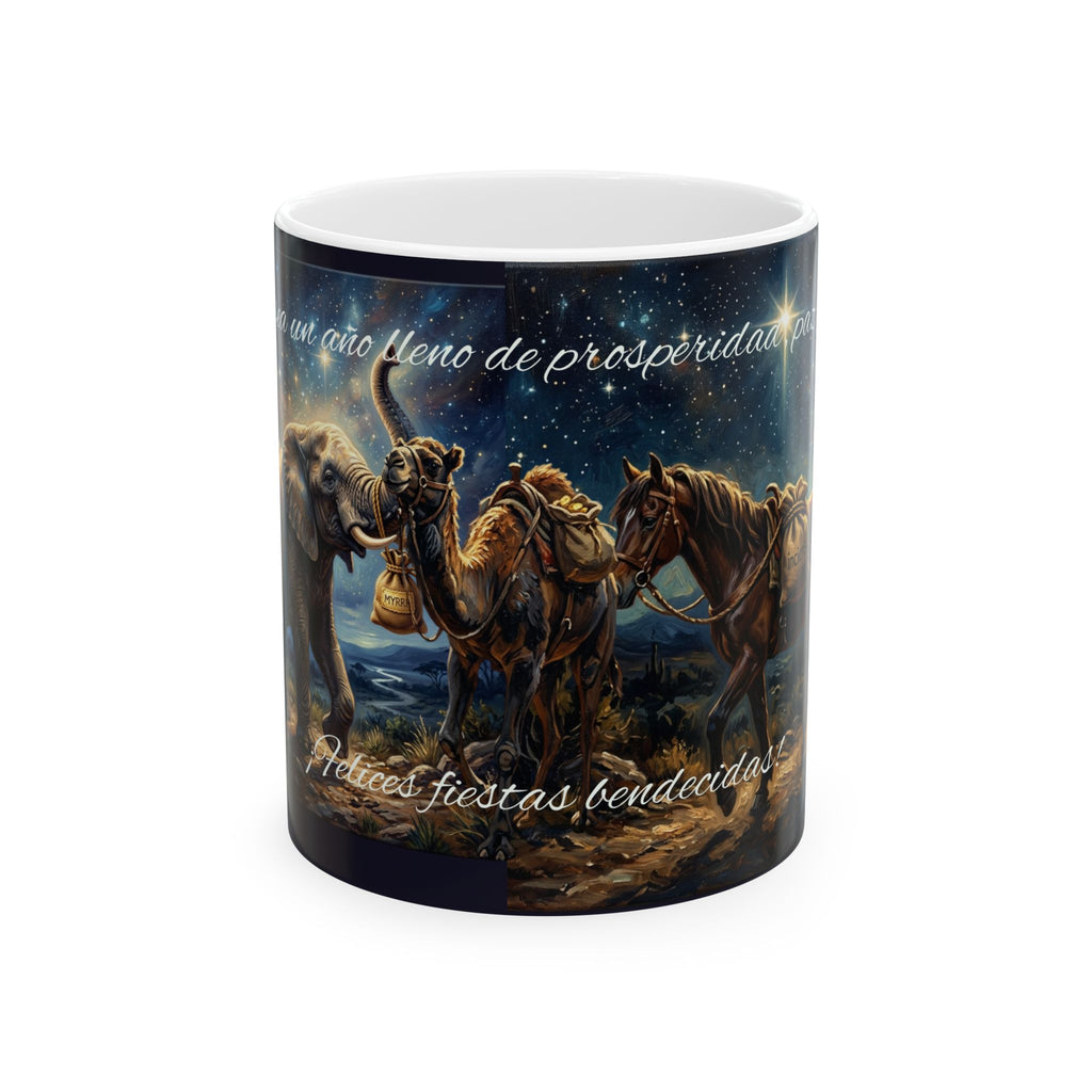 Ceramic Mug — Three Wise Men Nativity Design, "Felices fiestas, bendecidas" Holiday Coffee Cup