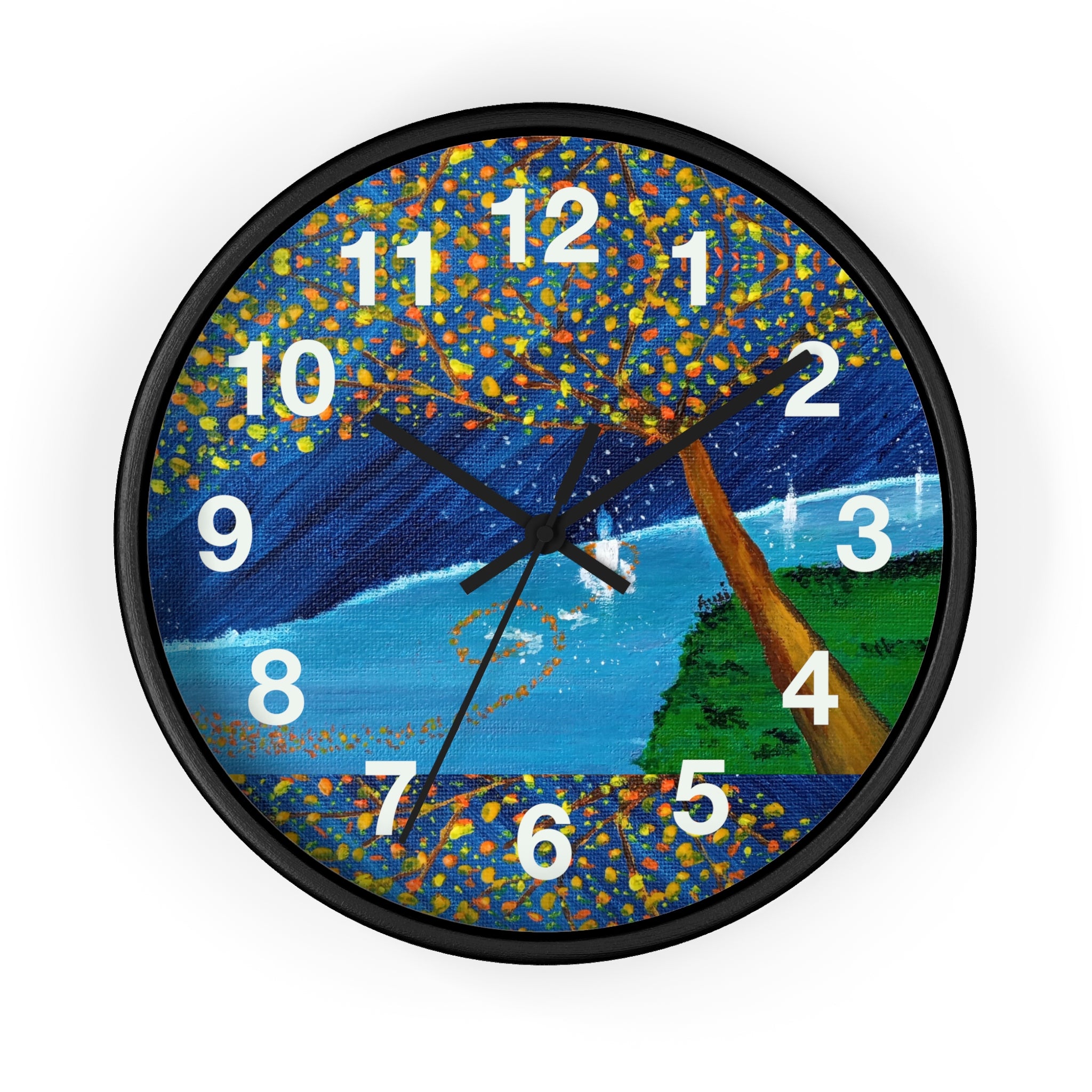 Coastal Tree Nightscape Wall Clock — Colorful Seaside Landscape Timepiece