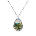 Silver Oval Pendant Necklace with Botanical Beetle Art – Nature-Inspired Teardrop Locket