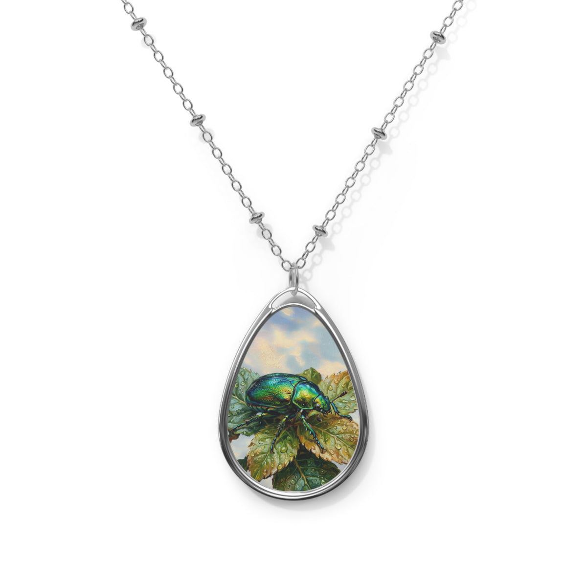 Silver Oval Pendant Necklace with Botanical Beetle Art – Nature-Inspired Teardrop Locket