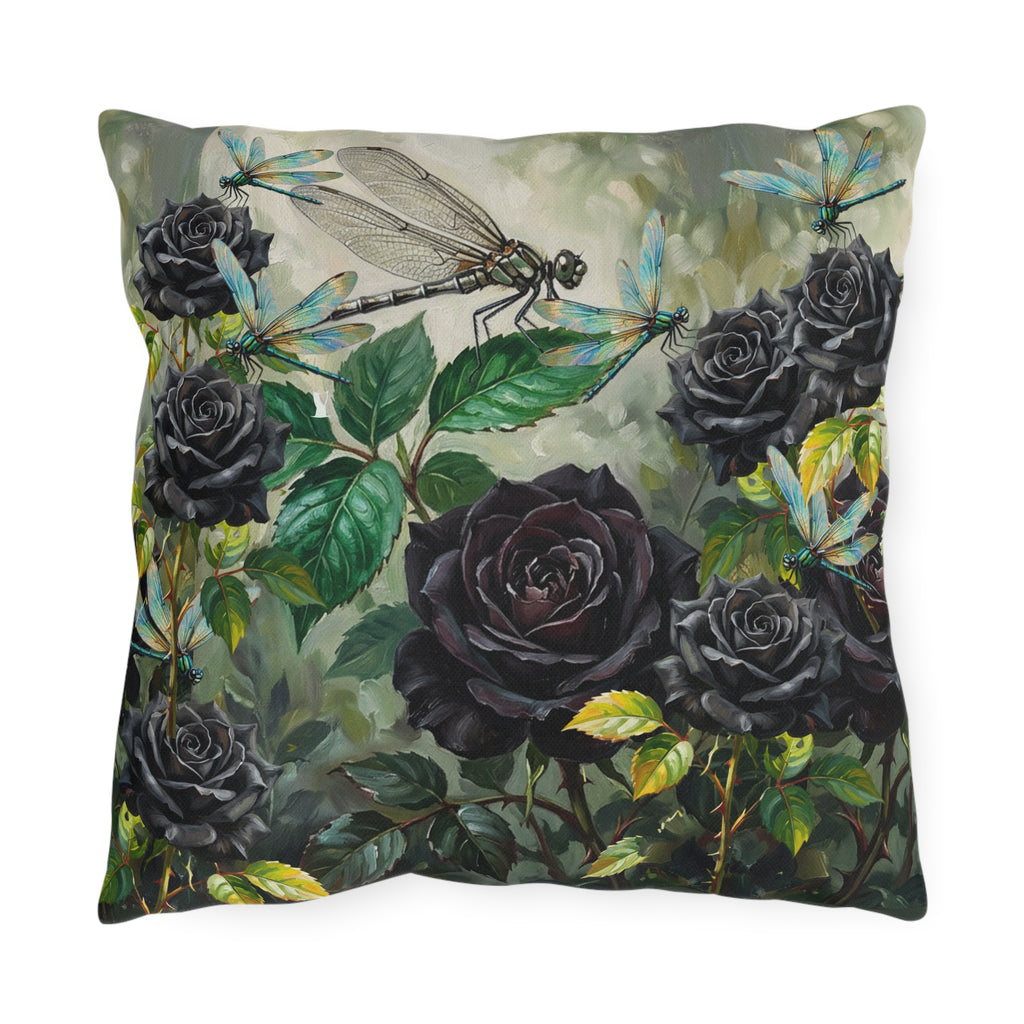 Purple Rose & Dragonfly Outdoor Pillow — Gothic Floral Patio Cushion