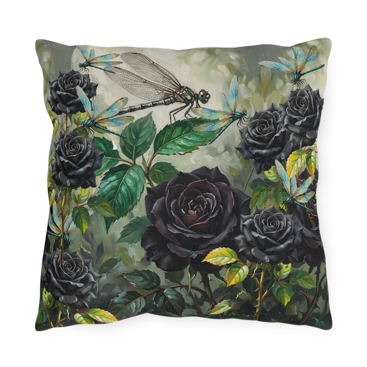 Purple Rose & Dragonfly Outdoor Pillow — Gothic Floral Patio Cushion