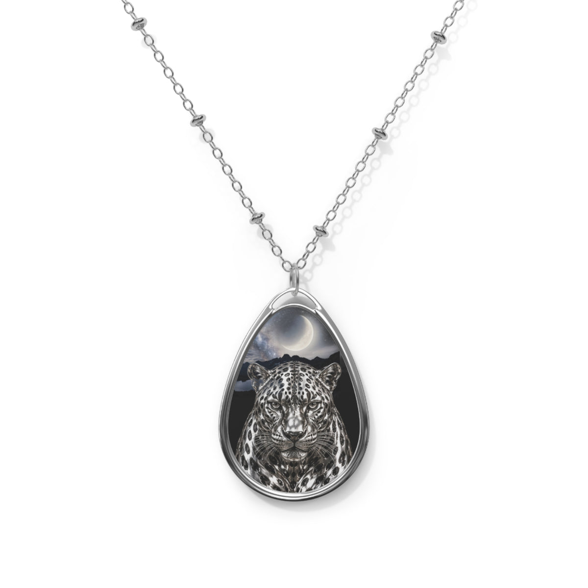 Leopard Moon Oval Necklace — Silver Teardrop Pendant with Night Sky Leopard Design