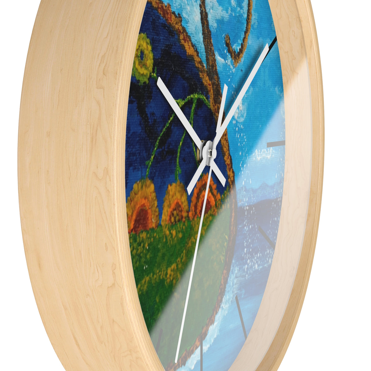 Coastal Sunrise Art Wall Clock — Whimsical Seascape with Sunflowers