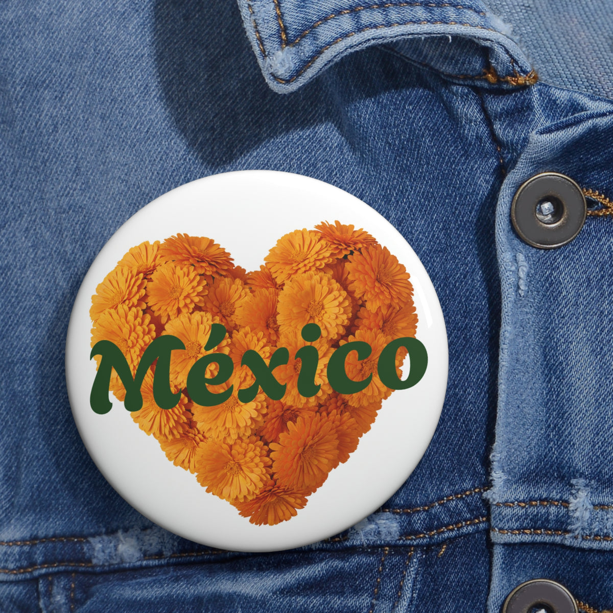 Mexico Marigold Heart Pin Button — Día de Muertos Floral Badge