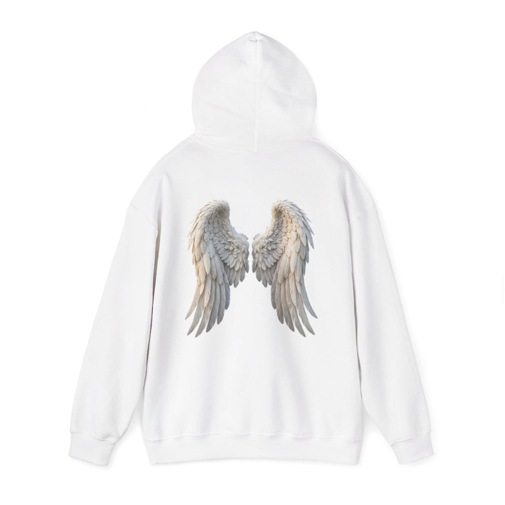 Angel Wings Hoodie — Soft White Back Graphic, Spiritual & Memorial Gift